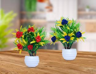 mogal Artificial Flower For Home Decoration (Pack Of 2) Red Rose Artificial Flower  with Pot