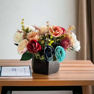 Litleo wooden pot mix design flower for home office gift Multicolor Red, White, Blue, Beige Rose Artificial Flower  with Pot