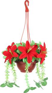 ADIRSA Artificial Red Lily Hanging Flower Perfect for Wall Hanging, Home & Bedroom Red Lily Artificial Flower  with Pot