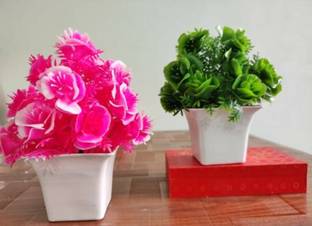 Saikara Collection Pink, Green Wild Flower Artificial Flower  with Pot