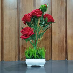 Decogreen R5 ROSE RED, SHIP POT GRASS, For H, Office Decor Study Table & Bday Gift Flower Red Rose Artificial Flower  with Pot