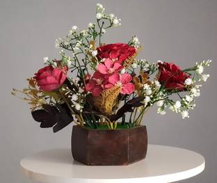Litleo wooden pot mix design flower for home office gift Red, Brown Rose Artificial Flower  with Pot