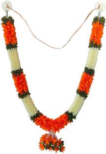 SujArta Garland, Premium White & Orange Artificial Jasmine 21 Inch Mala for Photos White, Orange Jasmine Artificial Flower