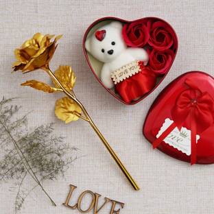 LoveGift Golden Rose with Heart Shape Gift Box | Rose Gift | Love Gift Set Red Rose Artificial Flower