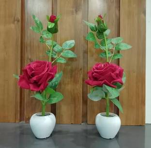 KanRaj Red Rose For Home, Office Decor Study Table & Flower Bonsai Red Rose Artificial Flower  with Pot