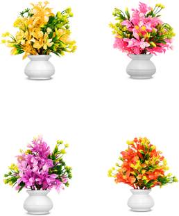 RisEmpire Artificial Plant For Home/Office Table Decoration or Gift ( Pack of 4, 7inch) Multicolor Wild Flower Artificial Flower  with Pot