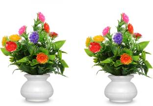 S-Biv Pack of 2 Pcs Flower Set for Decoration Red Wild Flower Artificial Flower  with Pot