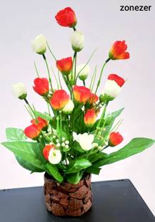 zonezer 1tulip Beautiful Flower bunch with wood coconut pot Orange, White Rose Artificial Flower  with Pot