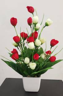 BAARIG Best for Home Shop Office Decor - 10 Flower Sticks Red, White Rose Artificial Flower  with Pot
