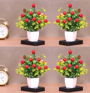 S-Biv Four Flower For Home Office And Shop Decoration Red Wild Flower Artificial Flower  with Pot