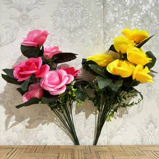 Whandly Artificial Pink & Yellow flower Bunch for Vase for home & Office decor Pink, Yellow Rose Artificial Flower