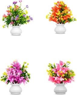 RisEmpire Artificial Plant For Home/Office Table Decoration(Pack of 4, 7inch) Multicolor Wild Flower Artificial Flower  with Pot