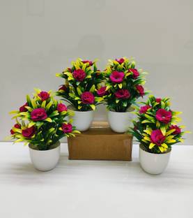 ADIRSA Stylish Looking Pink Color Decorative Piece Rose Flower Set Off 04 Pink Wild Flower Artificial Flower  with Pot