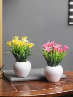 Flipkart SmartBuy Natural Looking Artificial Small Pot Combo For Home, Office And Garden Decor Yellow, Pink Wild Flower Artificial Flower  with Pot