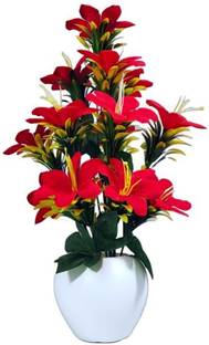 sunever Red Lily Bonsai Wild Artifificial Flower Plant for Home Decor Plant with Pot Red Lily Artificial Flower