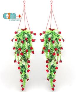 OM COLLECTIONS Artificial Creepers hanging flower Red Rose Artificial Flower  with Pot