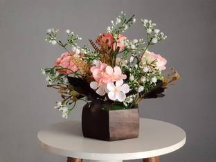 Litleo wooden pot mix design flower for home office gift Pink Rose Artificial Flower  with Pot