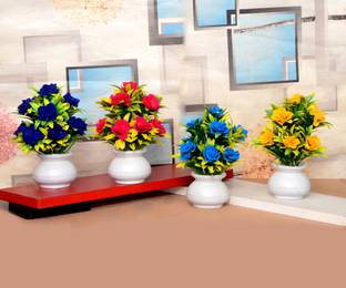 NERAPI Set of 4 Multicolored Natural Design Rose Flower Plant, Bonsai Wild Artificial Plant  with Pot