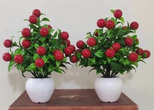 RahulVerma PLANTSY Home decor Set of 2 mini table flower top bonsai for home shop office Red Cherry Blossom, Apple Blossom, Cherry Artificial Flower  with Pot