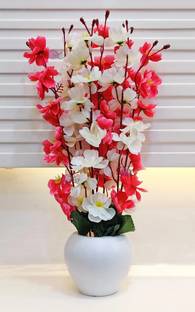 Artsy Artificial Flowers With Pot For Home Decoration, Office Decor Cherry Blossom Maroon, White Cherry Blossom Artificial Flower  with Pot