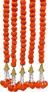 Therama Pack of 5 Golden bell Strings with 150 flowers Orange Marigold Artificial Flower