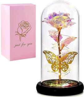 CHEFERYN Rose Flower Gift, Rainbow Forever Rose in Glass Dome, Rose Light Up Flower Multicolor Rose Artificial Flower