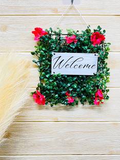 Akaar Akaar Decor Welcome Hanging in Green & Rani Pink Red Wild Flower Artificial Flower