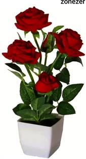 zonezer Red rose flower for home decoration set of 1 stick of 5 flowers small table plant for office ,balcony ,dining table. Red Rose Artificial Flower  with Pot