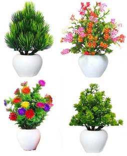 zonezer Set of 4 artificial flower Plants For Home/Office Table Decoration or Gift Green Daisy Artificial Flower  with Pot