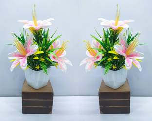 NERAPI Light Pink Faux Bonsai Lily Wild Flower Plant Perfect for Decor | Pink Lily Artificial Flower  with Pot