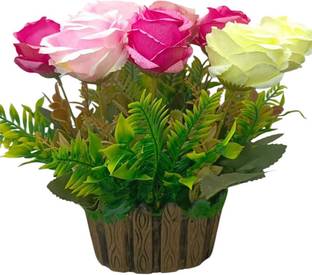 DNEnterprises Artificial Rose Flower Basket with Pot for Indoor/Outdoor Decoration Multicolor Rose Artificial Flower  with Pot