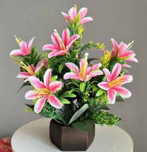 Lampova Great for home office or gift with Wooden pot Pink Lily Artificial Flower  with Pot