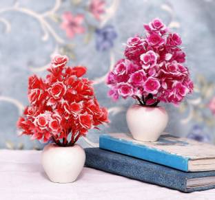 NERAPI Stylish Looking Mini Rose Flower Set, Multicolor Rose Artificial Flower  with Pot