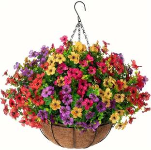 Ekhasa Colorful Artificial Daisy & Eucalyptus Flowers with Hanging Basket for Balcony Multicolor Daisy Artificial Flower  with Pot