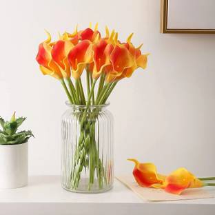 TIED RIBBONS Artificial 10pcs Callalily Flowers for Vase Pot Home Decorations Orange, Yellow Callalily Artificial Flower