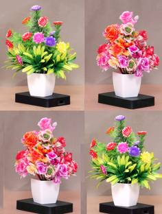 S-Biv Pack of 4 Pcs Artificial Flowers With Vase Multicolor Rose, Cherry Artificial Flower  with Pot
