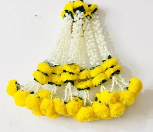 Grabsmart Artificial Flower Garlands – Marigold, Jasmine, Lily, and Green Leaves Tassels White, Yellow Jasmine, Lily, Marigold Artificial Flower