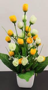 Ukv collection multi color rose yellow and white Yellow, White Rose Artificial Flower  with Pot