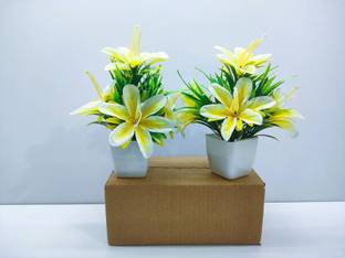 NERAPI Bonsai Faux Yellow Lily Wild Flower Plant Beautiful Design Perfect for Decor | Yellow Lily Artificial Flower  with Pot