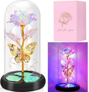 HINSHOZ Forever Rose, Galaxy Glass Rose Flower and Butterfly with LED Light Multicolor Wild Flower Artificial Flower