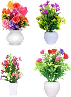 GOVIC Set of 4 Piece Mixed Faux Flower Plant For Decoration | Multicolor Wild Flower Artificial Flower  with Pot