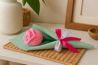 Clapjoy Crochet Pink Rose – Handmade Woolen Flower Gift in Green Gift Wrap Pink Rose Artificial Flower