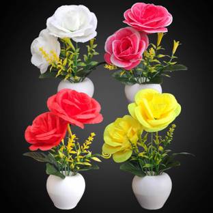 clotheer Super Red, White, Pink, Yellow Rose Artificial Flower  with Pot