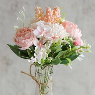 Satyam Kraft 1 Pcs Artificial Multiflora Flower Roses Fake Sticks Bunch for Home Decor Peach Pink Rose Artificial Flower