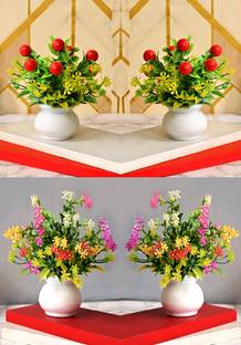 GOVIC Set of 4 Natural Design Multicolor Flower Plant for Decoration Multicolor Wild Flower Artificial Flower  with Pot