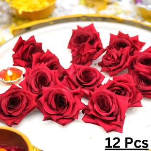 Akp 12 Pcs Artificial Velvet Head Rose Flowers for Home Decor Flower, DIY Art Craft, Red Rose Artificial Flower