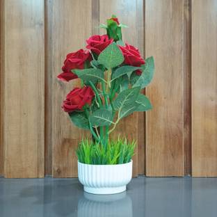 Decogreen R5 ROSE RED, CUP POT GRAAS, For H, Office Decor Study Table & Bday Gift Flower Maroon, Red Rose Artificial Flower  with Pot