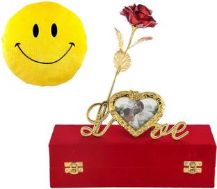 INTERNATIONAL GIFT Red Rose Flower 25 Cm With Photo Frame Love Stand With Luxury Red Gift Box Packing With Free Emoji Smiley Pillow/Cushions - 30 cm Red Rose Artificial Flower