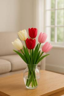 Ikko Tulip Bunch for Vase & Home Decor, For Living Room, Corner Table, Gifting, Off White, Pink, Red Tulips Artificial Flower