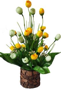 BAARIG Multi Goli with Stylish Coconut Brown Pot Yellow, White Rose Artificial Flower  with Pot